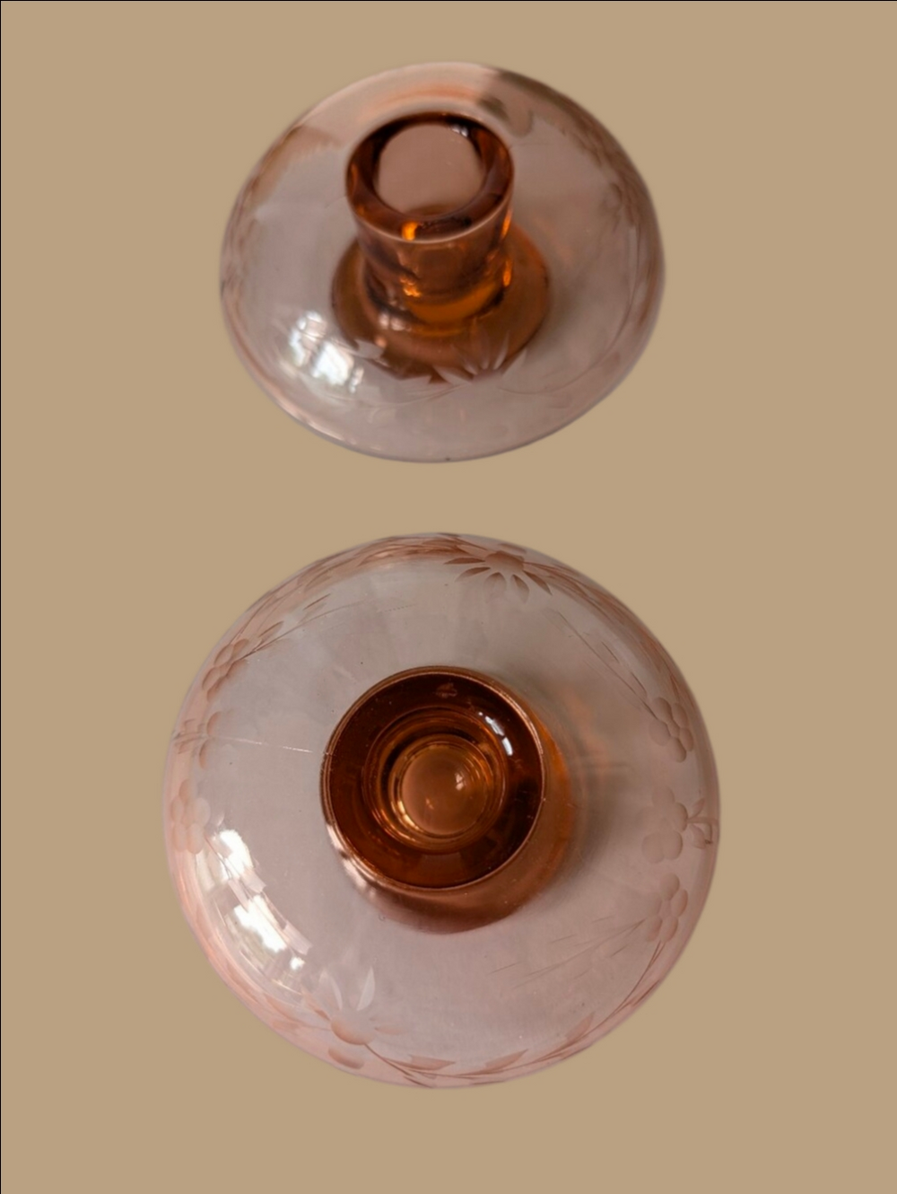 Vintage Pink (Apricot) Etched Glass Candle Holders - Set of 2 1920